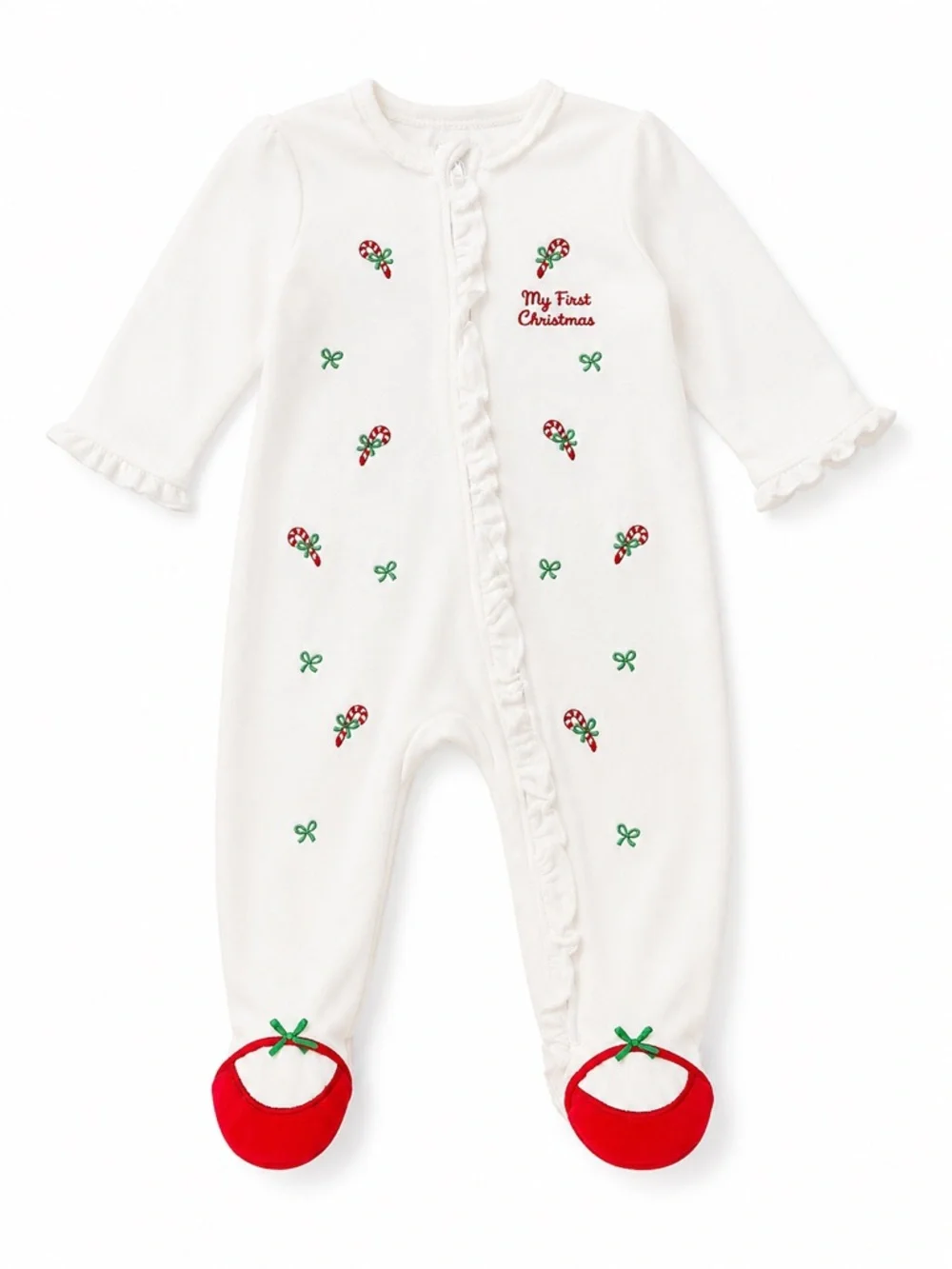 New - Little Me White & Red Holiday Velour Footed One-Piece